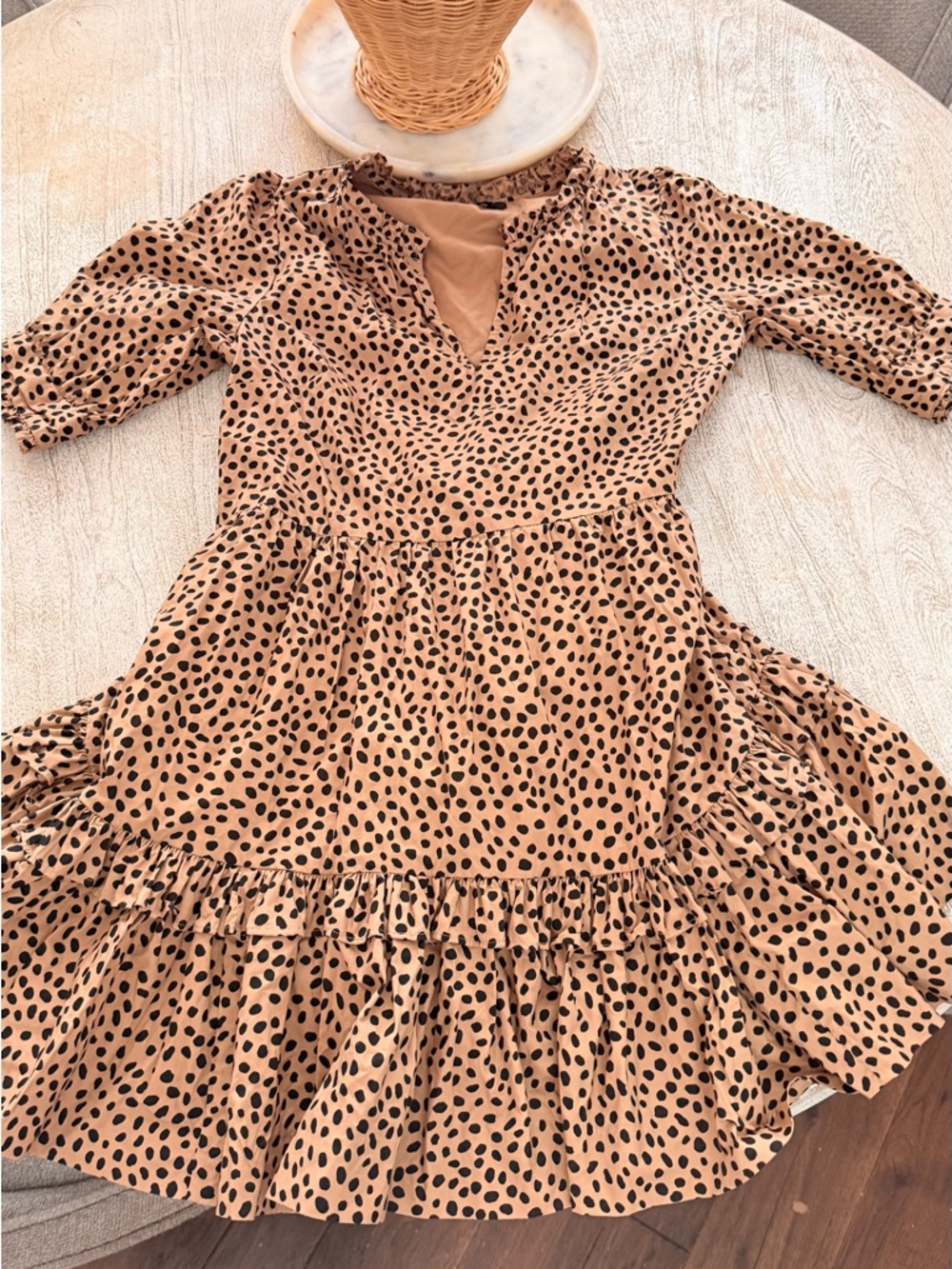 J. Crew Tan & Black Spot Ruffle Casual Dress